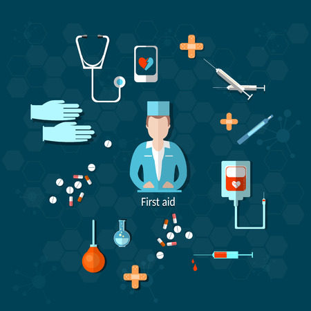 Doctor, medicine, first aid, hospital, stethoscope, medical instruments, syringes, pills, vector illustrationのイラスト素材