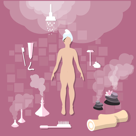 Health and Beauty: beautiful woman, bathroom, hygiene, spa, body care, towel, toothpaste, vector illustrationのイラスト素材