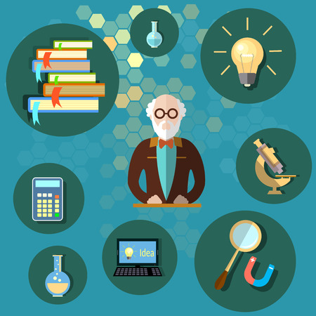 Education and science professor teacher university college school textbooks physics chemistry mathematics vector illustrationのイラスト素材