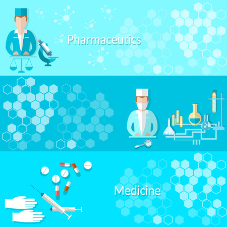 Medicine and pharmaceuticals: pills, doctors, hospitals, medicines, laboratory,syringes, study, vector bannersのイラスト素材