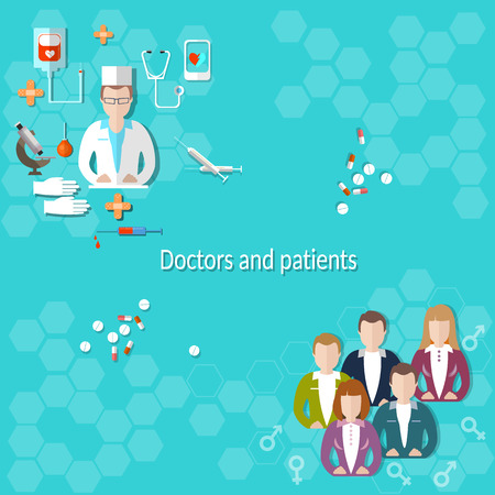 Doctors and patients, medical education, hospital, examination, treatment, research, students, syringes, pills, vector illustrationのイラスト素材