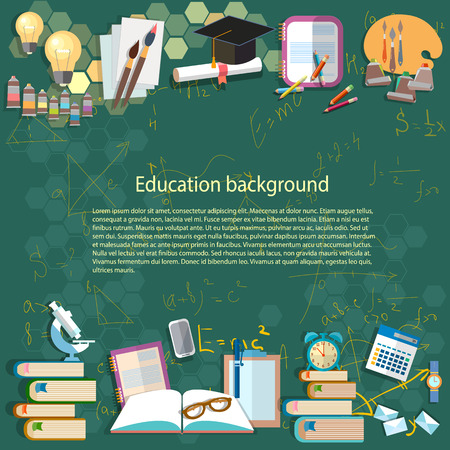 Education background: math formula algebra geometry thinking learning back to school university college idea light bulb student objects vector illustrationのイラスト素材