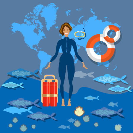 Diving tourism world diving swimming suit smile lifebuoy slim girl woman tropical coral sea ocean vector illustrationのイラスト素材