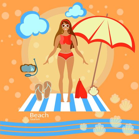 Beautiful woman girl, beach, sunbathe, swimsuit, bikini, sunglasses,, tourism, recreation, sea, beach umbrella, smile, swimming, tropical, vector illustrationのイラスト素材