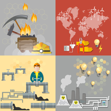Energy concept: petroleum, coal, nuclear power plants, nuclear energy, electricity, gas pipeline, fuel, oil man, ecology, pollution, waste, industry, mining, coal mine, vector bannersのイラスト素材