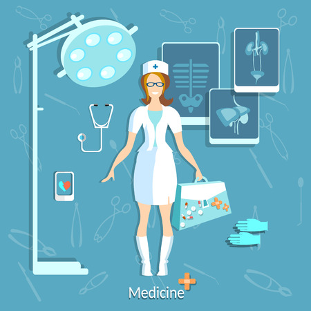 Doctor medicine student beautiful nurse smile x-ray operating room physician research hospital stethoscope hospital pills ambulance vector illustrationのイラスト素材