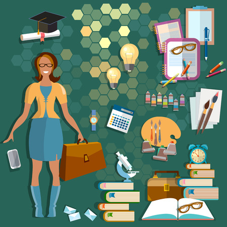 Education concept: back to school student smile teaching schooling college university examinations study notebooks learn teacher chemistry physics literature mathematics vector illustrationのイラスト素材