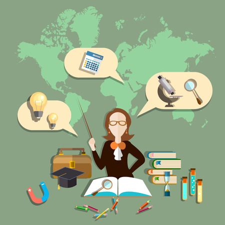 Education training teacher blackboard students online education, international studies college university school biology chemistry physics lessons vector illustrationのイラスト素材