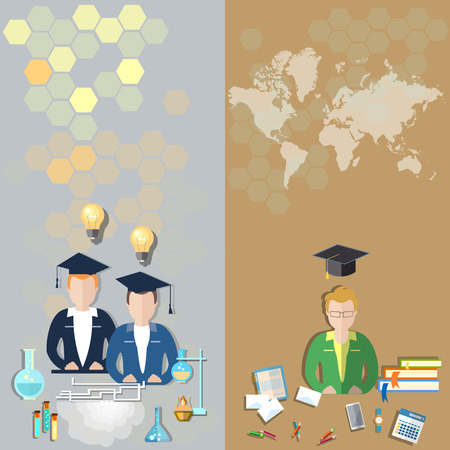 Science and education: students in a classroom, world international study, college, school, university, exams, chemistry, physics, lessons vector bannersのイラスト素材