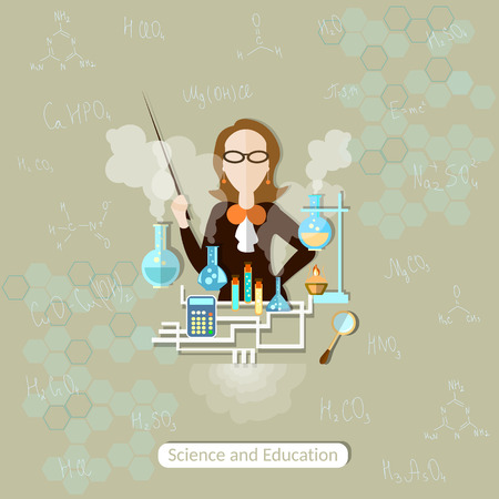 Science and Education chemistry teacher, lessons, woman, school, university, college, science experiment, research, training, vector illustrationのイラスト素材