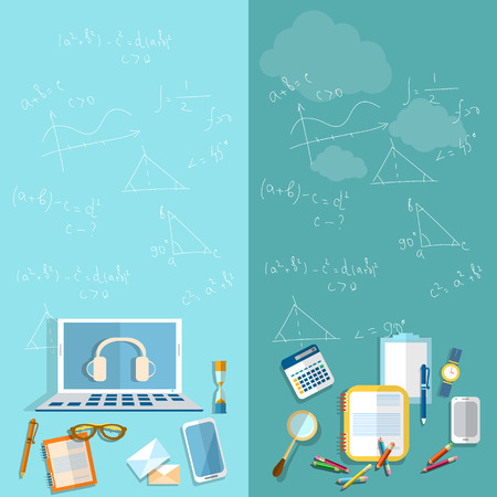 Education: student, school, teacher, university, college, study geometry, mathematics, algebra, formulas on a blackboard, pencils, notebooks, laptop, vector bannersのイラスト素材