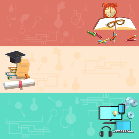 Education, online learning, school subjects, student, college, university, exams, diploma, books, pencils, laptop, vector bannersのイラスト素材