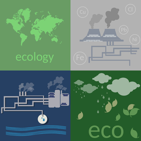 Ecology. Environmental pollution, poisoning the soil and air, ecology concept flat vector icons setのイラスト素材