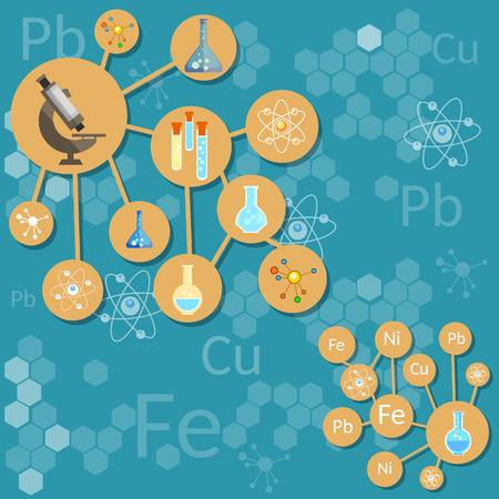 Science and education scientific research laboratory chemical process elements atom molecule formula microscope vector conceptのイラスト素材