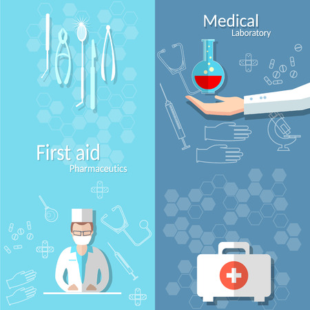 Medicine blood donation doctor hand first aid kit medical instruments examination hospital vector bannersのイラスト素材