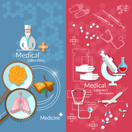 Medicine pharmaceuticals laboratory transplantation pills human organs doctors hospitals medical study vector bannersのイラスト素材