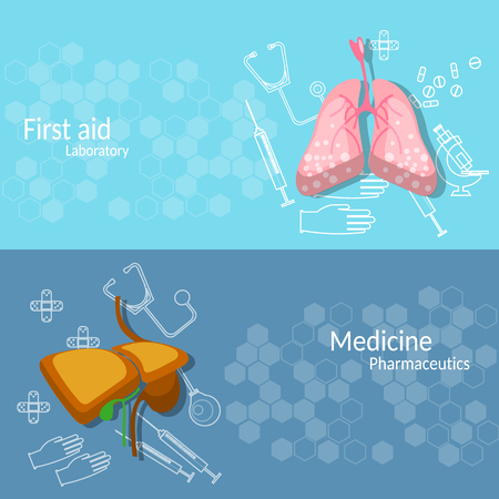Medicine and transplantation human organs lungs liver surgery medical instruments vector bannersのイラスト素材