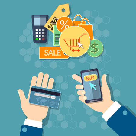 Online shopping e-commerce concept mobile shopping man holding smart phone credit cards vector setのイラスト素材