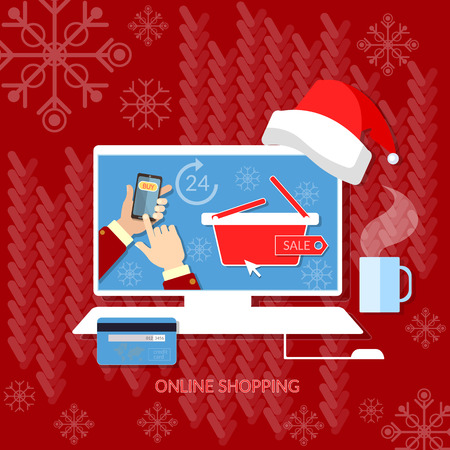 Christmas shopping Santa hat christmas sale hands using smart phone for internet market conceptのイラスト素材