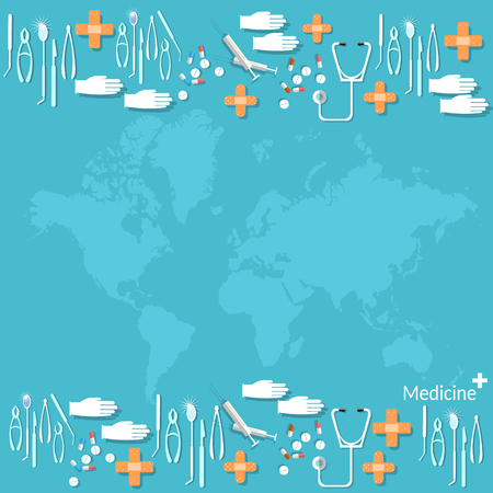 Many medicine pills and tablets capsule medical background world maps pharmacology drugsのイラスト素材