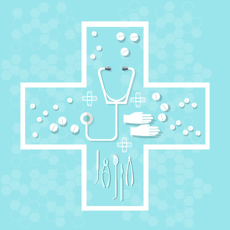 Medicine health care and medical research pills tablets capsules in cross shape conceptのイラスト素材