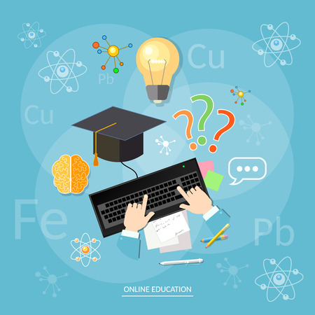Online education students computer learn chemistry lesson chemical elements vector conceptのイラスト素材