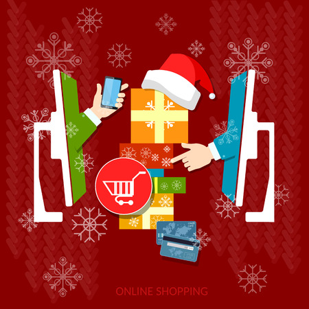 Christmas shopping holiday sale discount santa hat online store internet shopping vector conceptのイラスト素材