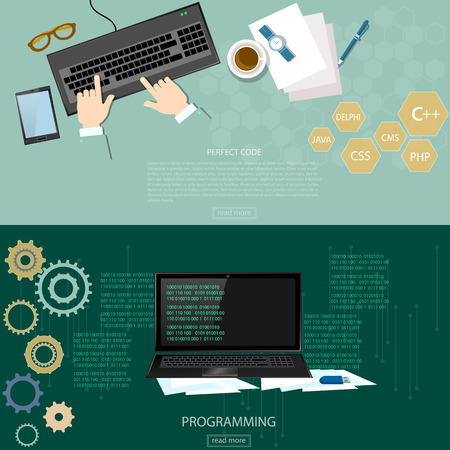Programming process man writing programming code and data processing on computer binary code on a monitor bannersのイラスト素材