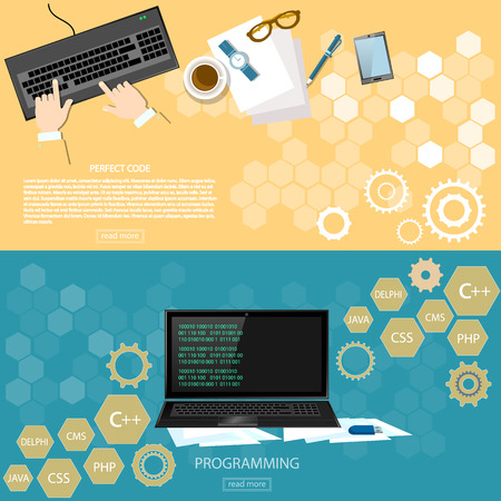 Programming working place desktop programmer software development code on laptop bannersのイラスト素材