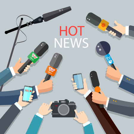 Hot news live report concept live news hands of journalists with microphonesのイラスト素材