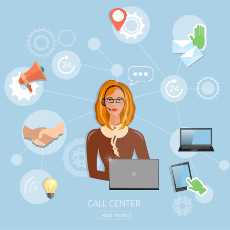 Call center concept technical support helpline woman operator with headphonesのイラスト素材