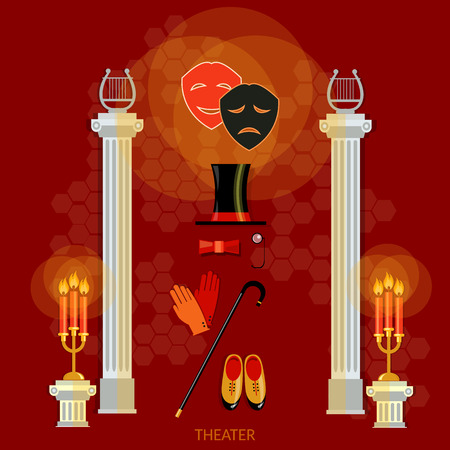 Theater concept scenario decorations performance actors theatrical masks ancient columns theater sceneのイラスト素材