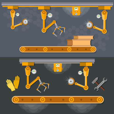 Conveyor banners automation of labor manipulators and robotic arms vector illustrationのイラスト素材