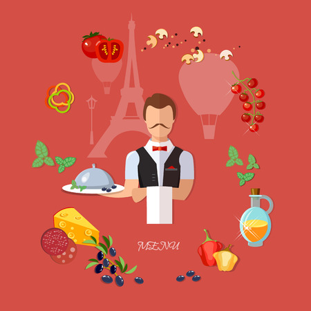 Waiter serving dish in silver platter with lid food in the restaurant vector illustrationのイラスト素材