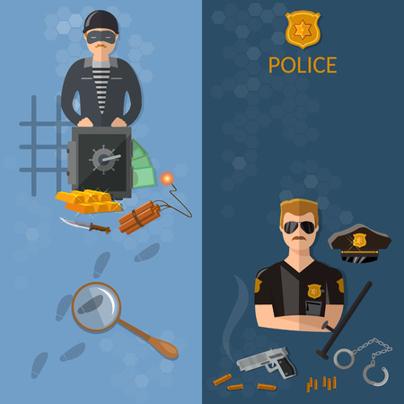 Crime and Punishment vector banners thief and policemanのイラスト素材