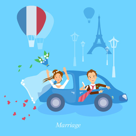 Honeymoon couple bride and groom journey in Paris vector illustrationのイラスト素材