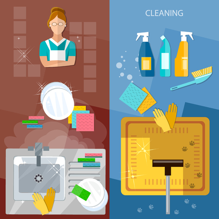 Cleaning service banners house cleaning wash dirty dishes vacuum cleaner vectorのイラスト素材