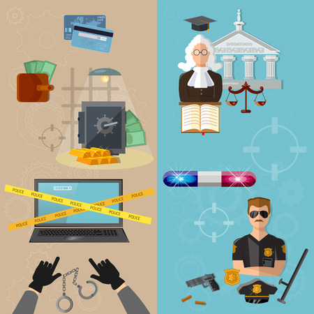 Thief and policeman data protection crime and punishment vector bannersのイラスト素材
