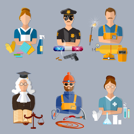 Policeman judge welder pharmacist climber housewife collection professions vector illustrationのイラスト素材
