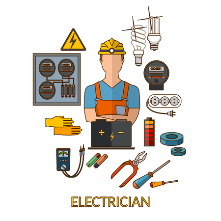 Professional electrician with electricity tools silhouette vector illustrationのイラスト素材