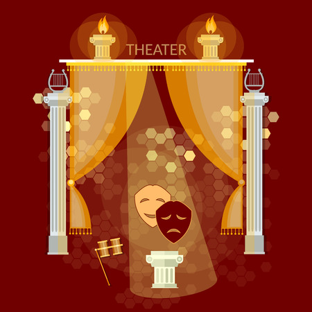 Theatre performance vintage theater stage curtain comedy and tragedy masks vector illustrationのイラスト素材