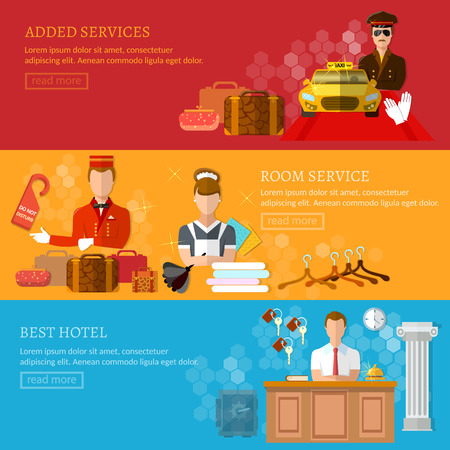 Hotel service banner reception reservation cleaning concierge taxi driver vector illustrationのイラスト素材