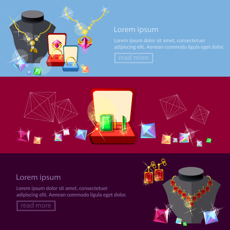 Jewelry banners jewels earrings rings gems pendants best jewelry store vector illustrationのイラスト素材
