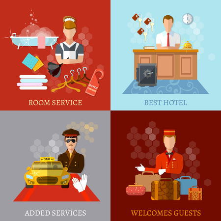 Hotel service set reception reservation cleaning concierge taxi driver vector illustrationのイラスト素材