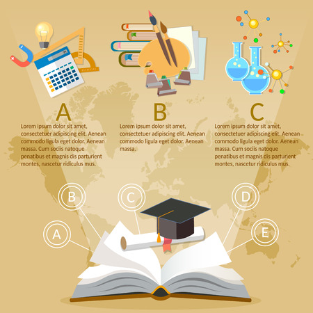 Education infographics open book of knowledge on world map background vector illustrationのイラスト素材