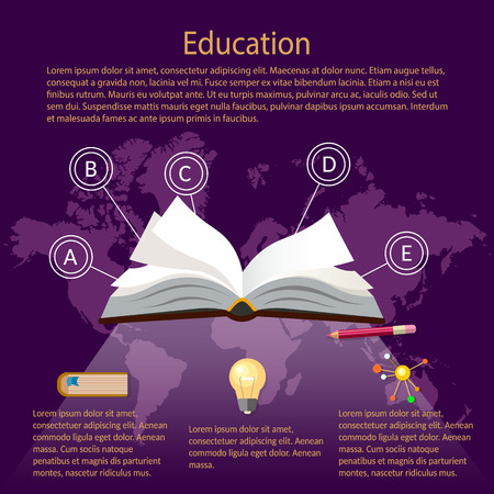 Education infographics open book of knowledge world map purple background vector illustrationのイラスト素材