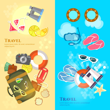 Travel banners sea beach summer holiday travel suitcase passport flip flops vector illustrationのイラスト素材
