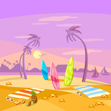 Summer holiday sunset beach scene vector cartoonのイラスト素材