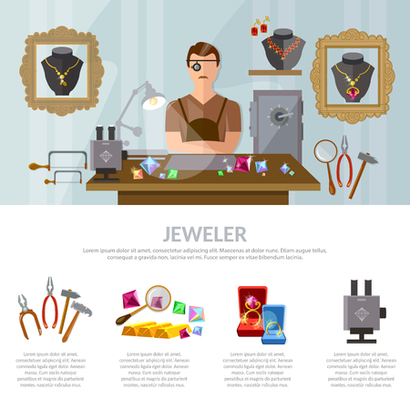 Jewelry infographics earrings rings gems jeweler at work vector illustrationのイラスト素材