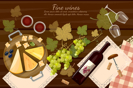 Wine and cheese tasting  top view wine bottle and grapes on wooden table cartoon vector illustrationのイラスト素材